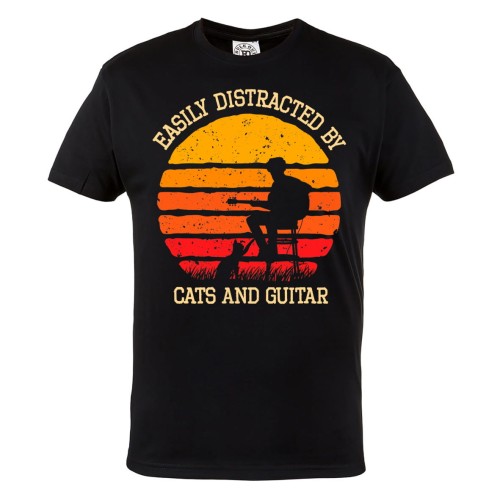 KOSZULKA MĘSKA DLA KOCIARZA I GITARZYSTY EASILY DISTRACTED BY CATS AND GUITAR 1