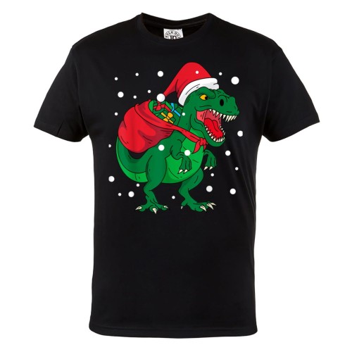 MĘSKA KOSZULKA ŚWIĄTECZNA Z NADRUKIEM DINOZAUR Z WORKIEM PREZENTÓW