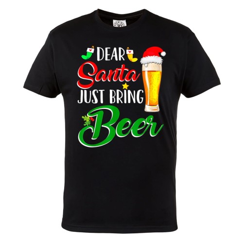 MĘSKA KOSZULKA ŚWIĄTECZNA Z NADRUKIEM LIST DO MIKOŁAJA DEAR SANTA JUST BRING BEER