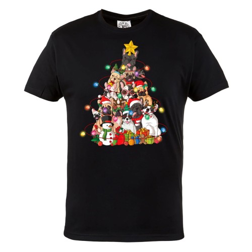 MĘSKA KOSZULKA ŚWIĄTECZNA Z NADRUKIEM BULDOŻKI BULDOGI FRANCUSKIE CHOINKA