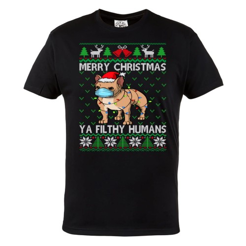 MĘSKA KOSZULKA ŚWIĄTECZNA Z NADRUKIEM BULDOG FRANCUSKI FRENCHIE MERRY CHRISTMAS YA FILTHY HUMANS 1