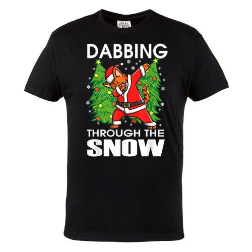 MĘSKA KOSZULKA ŚWIĄTECZNA Z NADRUKIEM KOT W STROJU MIKOŁAJA BABBING THROUGH THE SNOW