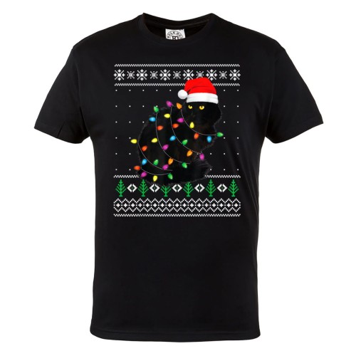 MĘSKA KOSZULKA ŚWIĄTECZNA Z NADRUKIEM ŚWIĘTA CZARNY KOT I LAMPKI