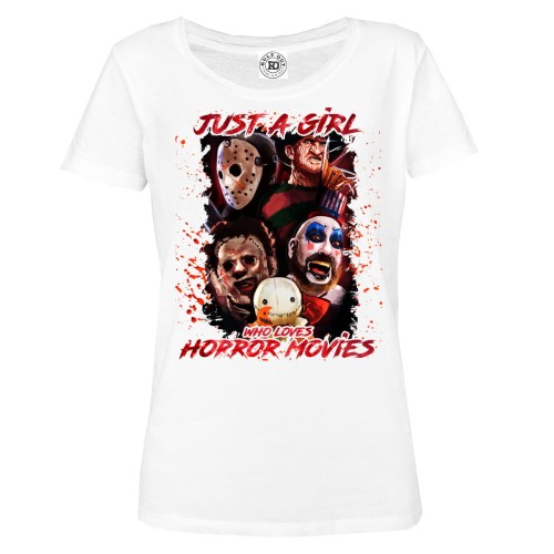 DAMSKA KOSZULKA NA HALLOWEEN POSTACIE JUST A GIRL WHO LOVES HORROR MOVIES 1