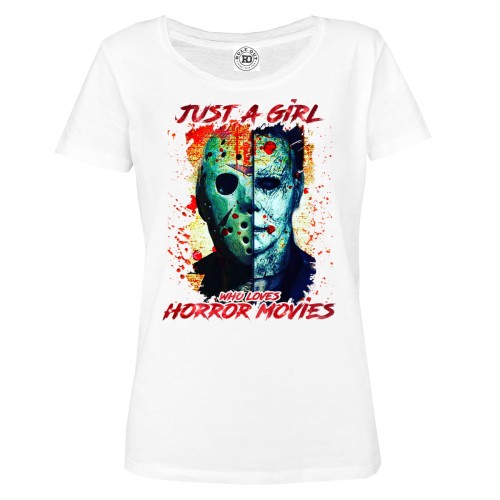 DAMSKA KOSZULKA NA HALLOWEEN POSTACIE Z HORRORÓW JAOSN VOORHEES MICHAEL MYERS JUST A GIRL WHO LOVES HORROR MOVIES 1