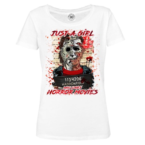 DAMSKA KOSZULKA NA HALLOWEEN POSTACIE JASON VOORHEES FREDDIE KRUEGER JUST A GIRL WHO LOVES HORROR MOVIES 1