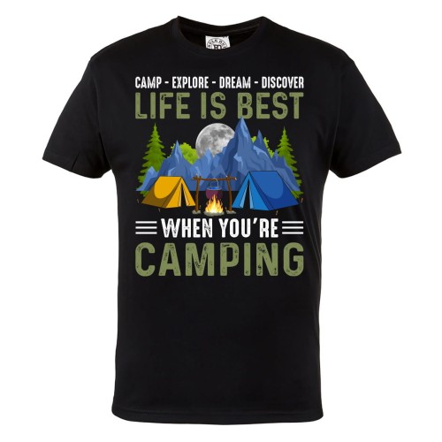 KOSZULKA DLA PODRÓŻNIKA TREKKING GÓRSKIE WYCIECZKI NAMIOT LIFE IS BEST WHEN YOU'RE CAMPING