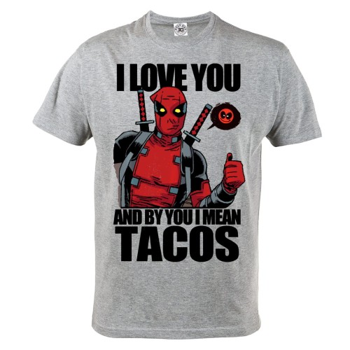 KOSZULKA MĘSKA FILMOWA DOWCIPNY DEADPOOL MARVEL DLA FANA I LOVE YOU AND BY YOU I MEAN TACOS