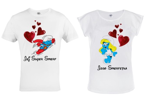 ZESTAW KOSZULEK WALENTYNKOWYCH LOVE PREZENT NA WALENTYNKI DLA PARY SMERFY SUPER SMERF I SMERFETKA 