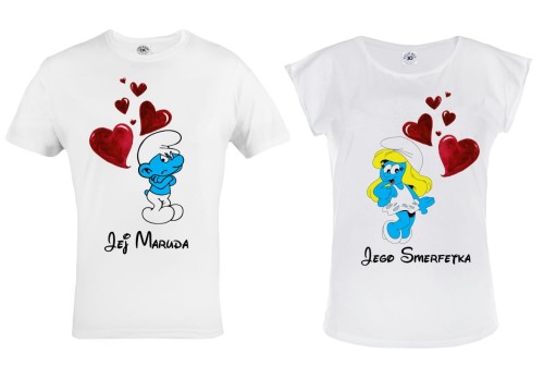 ZESTAW KOSZULEK WALENTYNKOWYCH LOVE PREZENT NA WALENTYNKI DLA PARY SMERFY MARUDA I SMERFETKA 