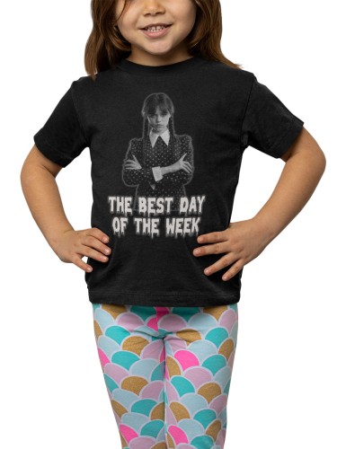 KOSZULKA DZIECIĘCA DLA DZIEWCZYNKI SERIAL NETFLIX WEDNESDAY THE BEST DAY OF THE WEEK MONOCHROM