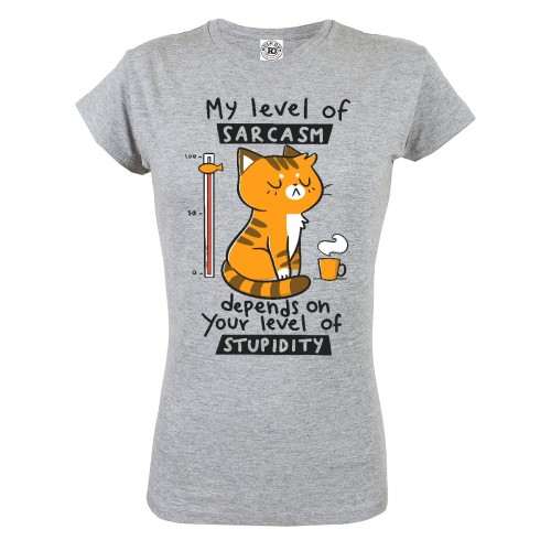 KOSZULKA DAMSKA Z KOTEM DLA MIŁOŚNICZKI KOTÓW KOCIARY MY LEVEL OF SARCASM DEPENDS ON YOUR LEVEL OF STUPIDITY 1