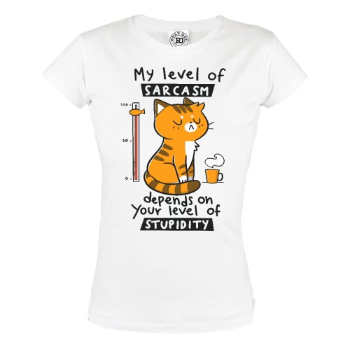 KOSZULKA DAMSKA Z KOTEM DLA MIŁOŚNICZKI KOTÓW KOCIARY MY LEVEL OF SARCASM DEPENDS ON YOUR LEVEL OF STUPIDITY