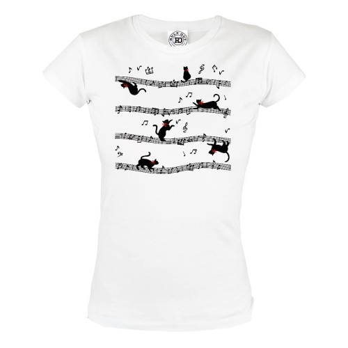 KOSZULKA DAMSKA Z KOTEM DLA MIŁOŚNICZKI KOTÓW KOCIARY PIĘCIOLINIA NUTY