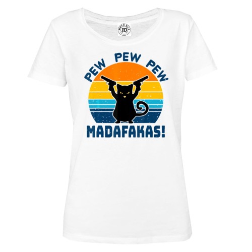 KOSZULKA DAMSKA Z KOTEM CZARNY KOT PEW PEW MADAFAKAS PISTOLETY 1