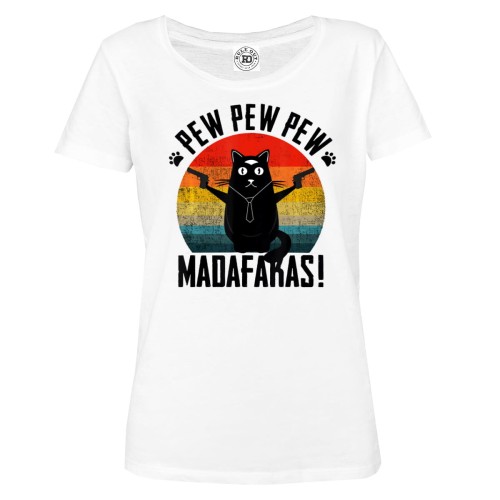 KOSZULKA DAMSKA Z KOTEM CZARNY KOT Z KRAWATEM PEW PEW MADAFAKAS PISTOLETY 1