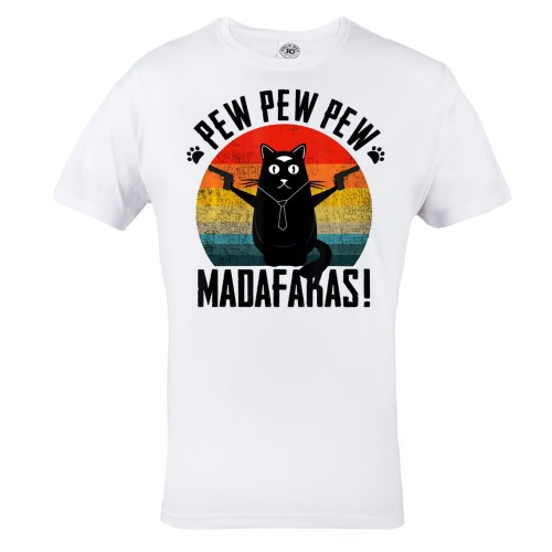 KOSZULKA MĘSKA Z KOTEM CZARNY KOT W KRAWACIE PEW PEW MADAFAKAS 1