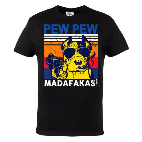 KOSZULKA MĘSKA Z PSEM AMSTAFF PEW PEW MADAFAKAS PISTOLET