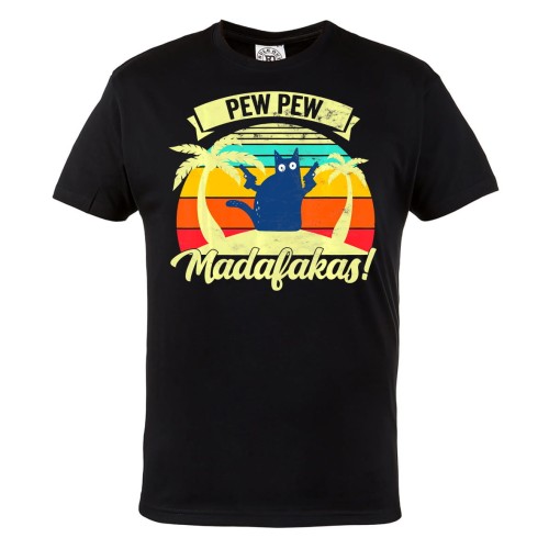 KOSZULKA MĘSKA Z GRANATOWYM KOTEM PEW PEW MADAFAKAS PALMY 1