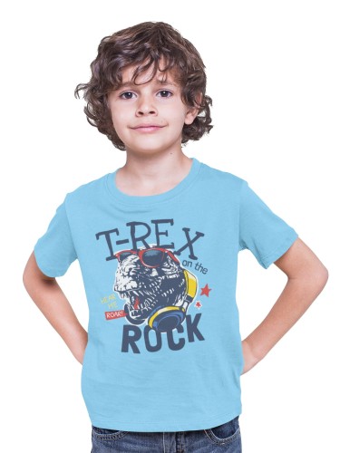 KOSZULKA DZIECIĘCA MUZYCZNA DINOZAUR ZE SŁUCHAWKAMI T-REX ON THE ROCK 