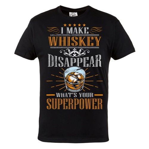 KOSZULKA MĘSKA Z ZABAWNYM NADRUKIEM WHISKY Z LODEM I MAKE WHISKEY DISAPPEAR WHAT'S YOUR SUPERPOWER 1