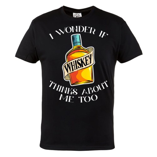 KOSZULKA MĘSKA Z ZABAWNYM NADRUKIEM WHISKY I WONDER IF WHISKEY THINKS ABOUT ME TOO 1