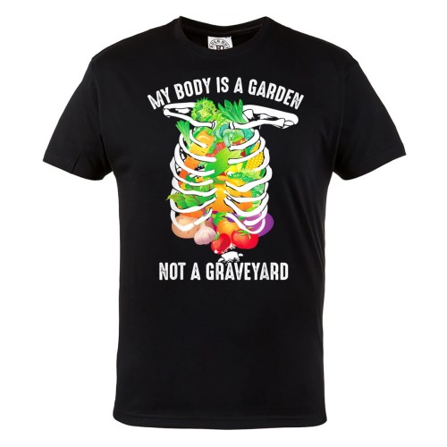 MĘSKA KOSZULKA DLA WEGETARIANINA Z ZABAWNYM NADRUKIEM WEGETARIANIZM WEGANIZM VEGAN MY BODY IS A GARDEN NOT A GRAVEYARD 1