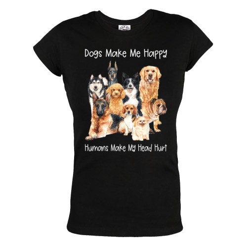 KOSZULKA DAMSKA Z PSAMI DLA WIELBICIELKI PSÓW DOGS MAKE ME HAPPY HUMANS MAKE MY HEAD HURT 61