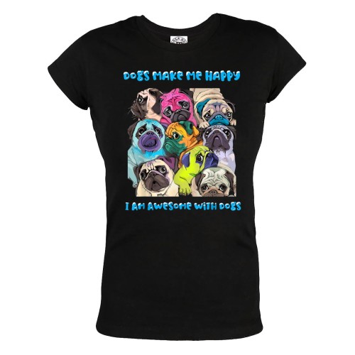 KOSZULKA DAMSKA Z PSAMI DLA WIELBICIELKI PSÓW MOPSY PUGS DOGS MAKE ME HAPPY I AM AWESOME WITH DOGS