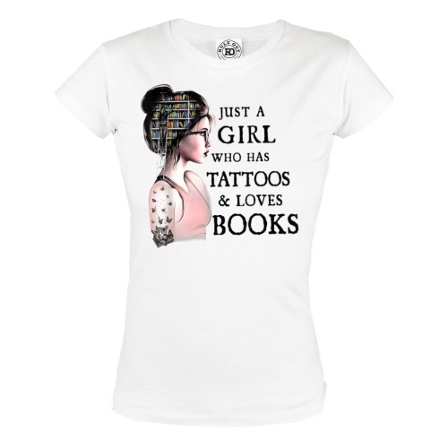 KOSZULKA DAMSKA DLA WIELBICIELKI TATUAŻY I KSIĄŻEK TATTOO GIRL JUST A GIRL WHO HAS TATTOOS AND LOVES BOOKS 1