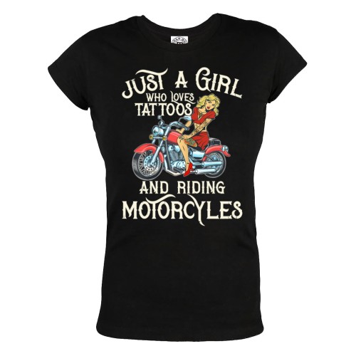 KOSZULKA DAMSKA DLA WIELBICIELKI TATUAŻY I MOTOCYKLI TATTOO GIRL JUST A GIRL WHO LOVES TATTOOS AND RIDING MOTORCYCLES 1