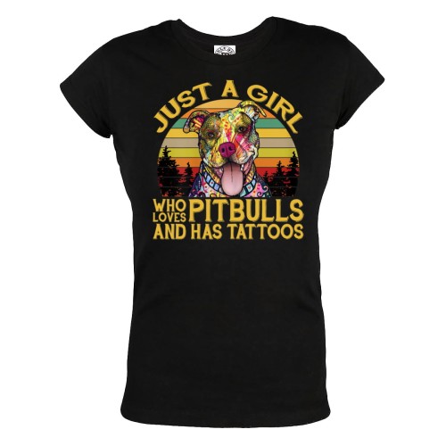 KOSZULKA DAMSKA DLA WIELBICIELKI TATUAŻY I PSÓW PITBULL TATTOO GIRL JUST A GIRL WHO LOVES PITBULLS AND HAS TATTOOS 1