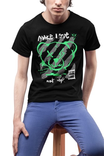 MĘSKA KOSZULKA MOTYWACYJNA PLUSZOWY MIŚ CASUAL MAKE LOVE NOT WAR THINK POSITIVE