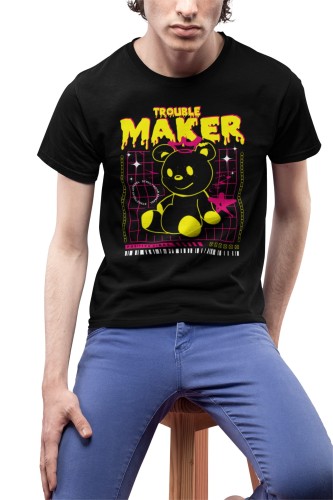 MĘSKA KOSZULKA MOTYWACYJNA UROCZY PLUSZOWY MIŚ CASUAL TROUBLE MAKER POSITIVE VIBES 