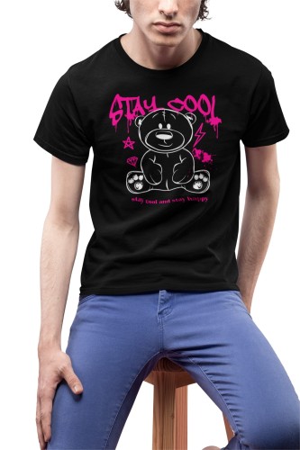 MĘSKA KOSZULKA MOTYWACYJNA PLUSZOWY MIŚ CASUAL STAY COOL AND HAPPY THINK POSITIVE 