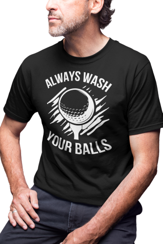 KOSZULKA MĘSKA NA GOLFA Z ZABAWNYM NADRUKIEM GOLFISTA KRÓL GOLFA ALWAYS WASH YOUR BALLS 