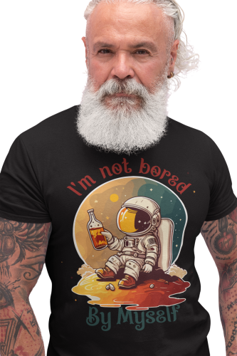 KOSZULKA MĘSKA Z ZABAWNYM NADRUKIEM WHISKY WHISKEY KOSMONAUTA ASTRONAUTA I'M NOT BORED BY MYSELF