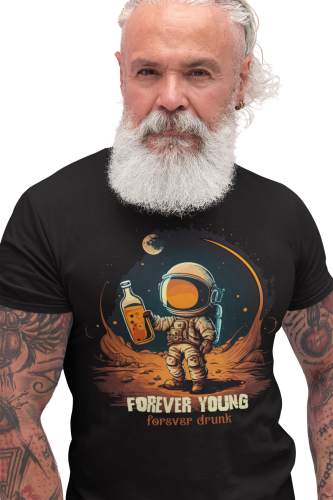 KOSZULKA MĘSKA Z ZABAWNYM NADRUKIEM WHISKY WHISKEY KOSMONAUTA ASTRONAUTA FOREVER YOUNG FOREVER DRUNK 