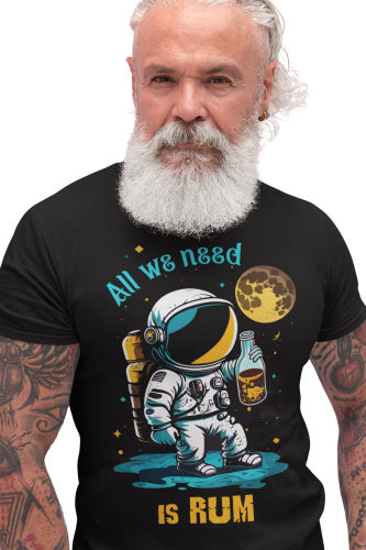 KOSZULKA MĘSKA Z ZABAWNYM NADRUKIEM ALKOHOL RUM KOSMOS KOSMONAUTA ASTRONAUTA ALL WE NEED IS RUM 