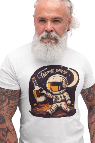 KOSZULKA MĘSKA Z ZABAWNYM NADRUKIEM WHISKY WHISKEY KOSMOS KOSMONAUTA ASTRONAUTA FOREVER YOUNG 