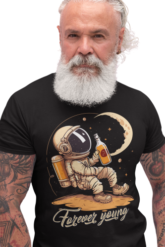 KOSZULKA MĘSKA Z ZABAWNYM NADRUKIEM WHISKY WHISKEY KSIĘŻYC KOSMONAUTA ASTRONAUTA FOREVER YOUNG 