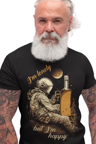 KOSZULKA MĘSKA WHISKY WHISKEY KSIĘŻYC KOSMONAUTA ASTRONAUTA I'M LONELY BUT I'M HAPPY 
