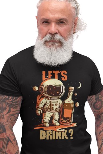 KOSZULKA MĘSKA Z ZABAWNYM NADRUKIEM WHISKY WHISKEY KOSMOS KOSMONAUTA ASTRONAUTA LET'S DRINK 