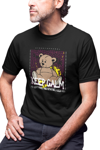 MĘSKA KOSZULKA MOTYWACYJNA PLUSZOWY MIŚ CASUAL KEEP CALM STAY COOL & RELAXED 