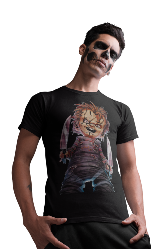 MĘSKA KOSZULKA Z NADRUKIEM NA HALLOWEEN HORROR LALECZKA CHUCKY PRZEKLĘTA LALKA 