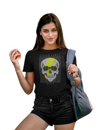 DAMSKA KOSZULKA CASUAL Z CZASZKĄ CZACHA SKULL GOOD VIBES ONLY 