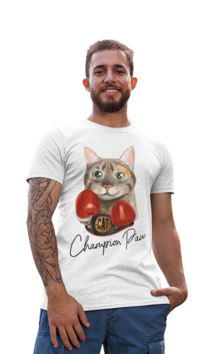 KOSZULKA MĘSKA Z KOTEM DLA KOCIARZA KOT BOKSER CHAMPION PAW 