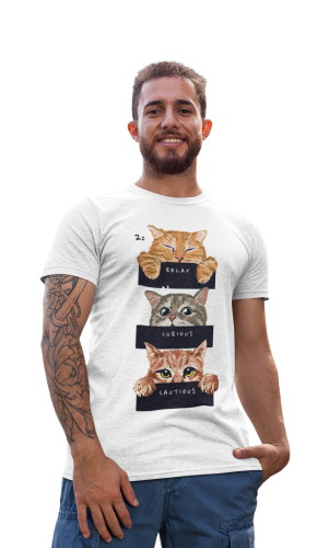 KOSZULKA MĘSKA Z KOTAMI DLA KOCIARZA KOTY RELAX CURIOUS CAUTIOUS 