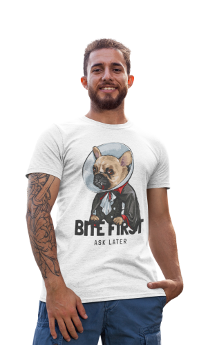 MĘSKA KOSZULKA Z ZABAWNYM NADRUKIEM Z PSEM DLA WIELBICIELA PSÓW PIES BULDOG FRANCUSKI BULDOŻEK WAMPIR BITE FIRTS ASK LATER