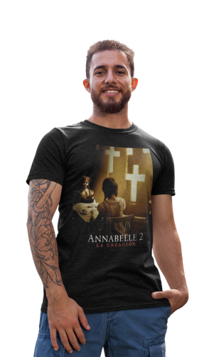 MĘSKA KOSZULKA FILMOWA Z NADRUKIEM NA HALLOWEEN HORROR ANNABELLE 2 NARODZINY ZŁA 